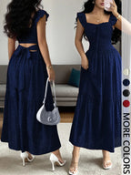 1 Piece Spring & Summer Ruffled Square Neck Polka Dot Maxi Dress