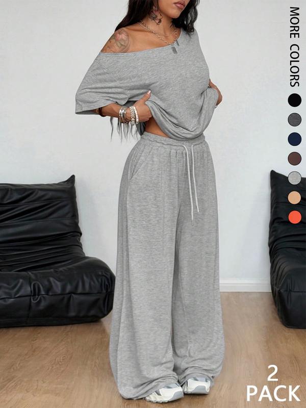 Women's Casual Solid Color Sport Two-Piece Set, Loose Long Pants & Wide Leg Slant Neck Pant Suit, Spring & Fall Fashion