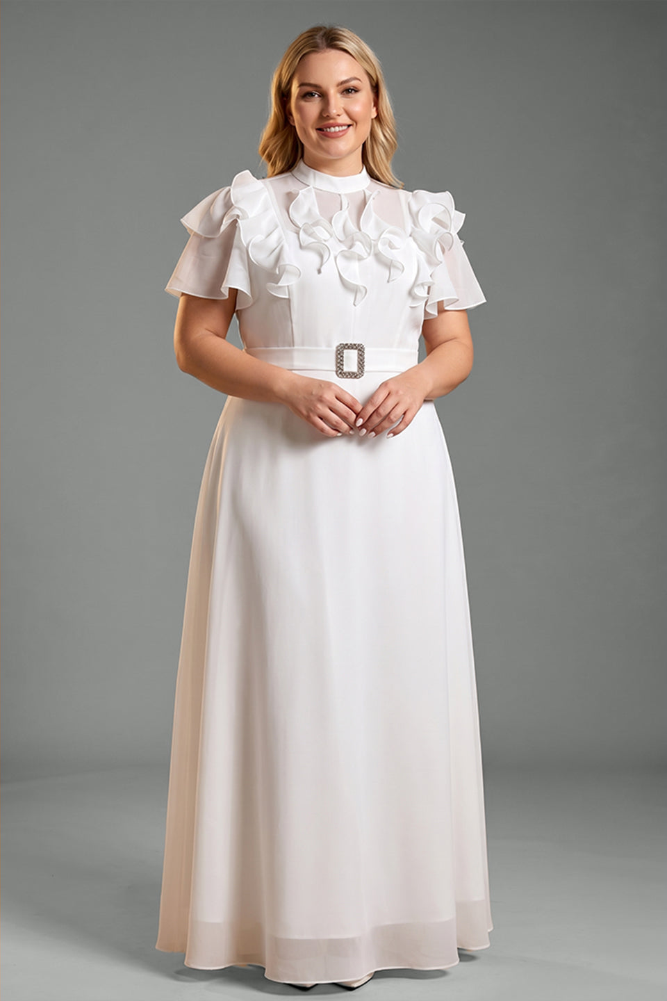 Curveins Plus Size Stand Collar Flare Sleeve Flowing A-Line Chiffon Maxi Dress