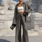 Women's Solid Button Front Shirt & Tie Front Wide Leg Pants Two-piece Set, Casual Drop Shoulder Long Sleeve Blouse Top & Trousers 2 Piece Set for Spring & Fall, Women's Clothes for Daily Wear Womenswear Suits Apricot Basic Minimalist