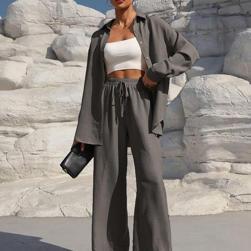 Women's Solid Button Front Shirt & Tie Front Wide Leg Pants Two-piece Set, Casual Drop Shoulder Long Sleeve Blouse Top & Trousers 2 Piece Set for Spring & Fall, Women's Clothes for Daily Wear Womenswear Suits Apricot Basic Minimalist
