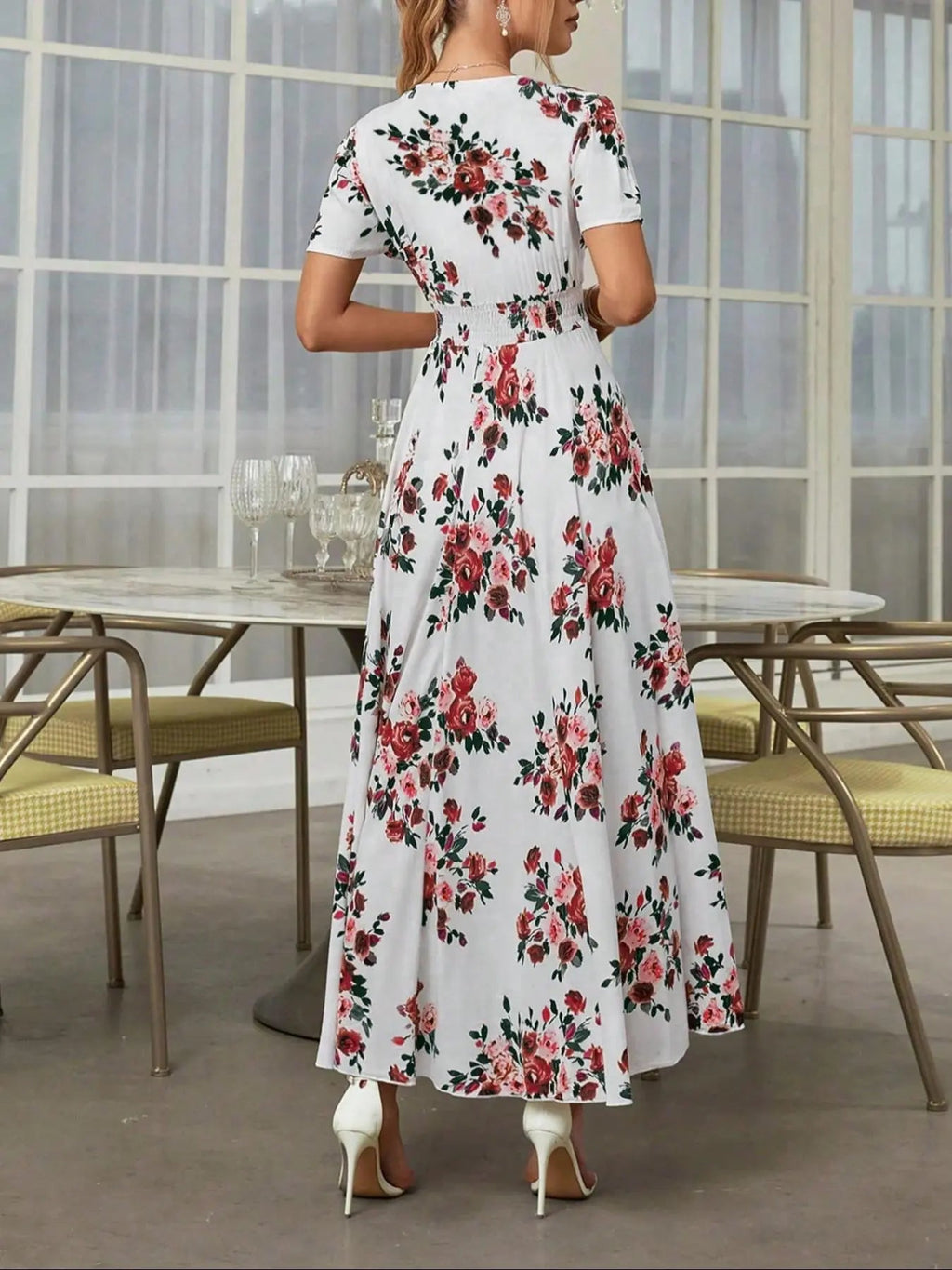 Women's Floral Print Button Front Dress, Boho French Style Short Sleeve Dress for Summer, Women's Clothes for Beach Vacation Holiday