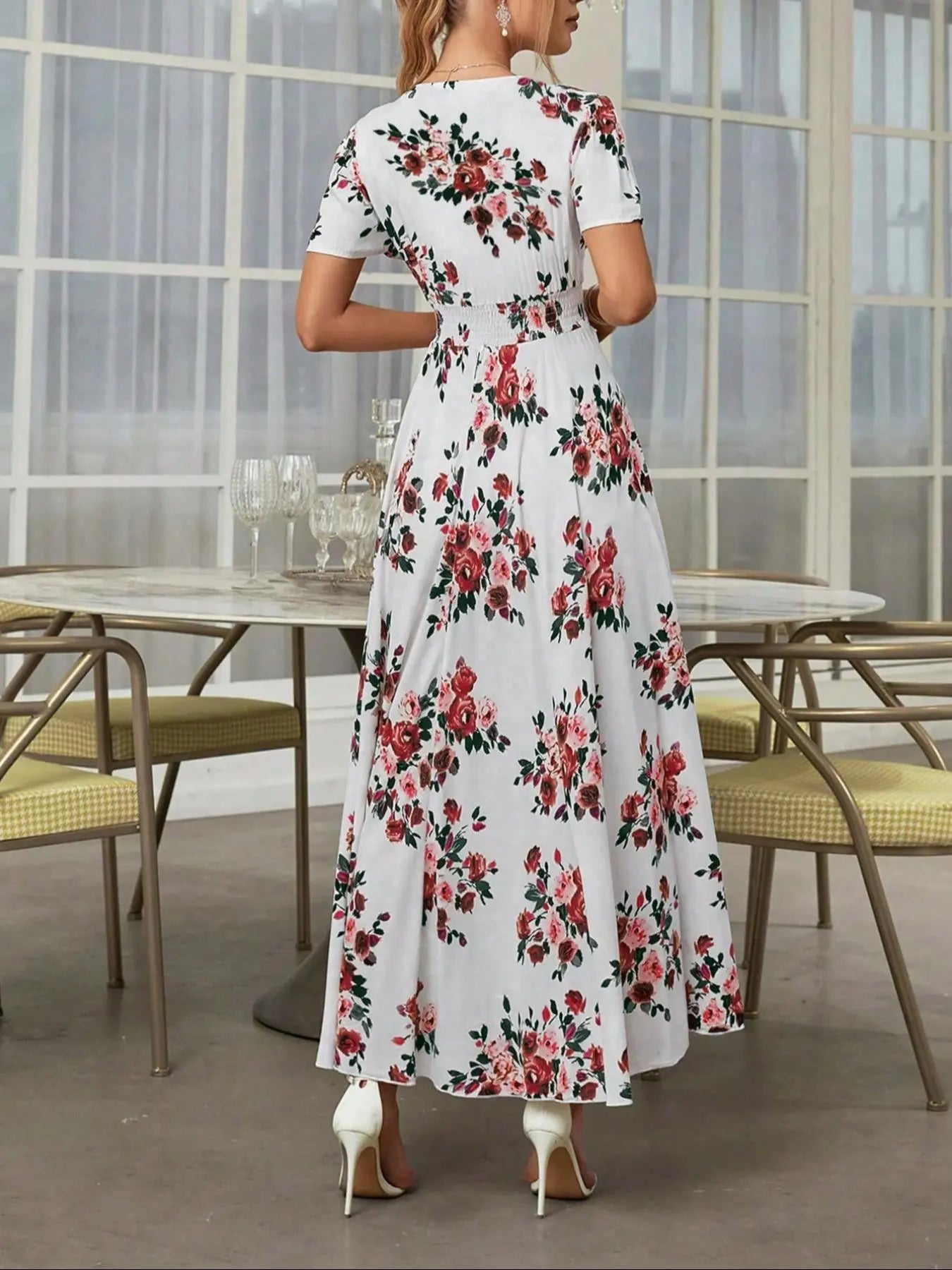 Women's Floral Print Button Front Dress, Boho French Style Short Sleeve Dress for Summer, Women's Clothes for Beach Vacation Holiday