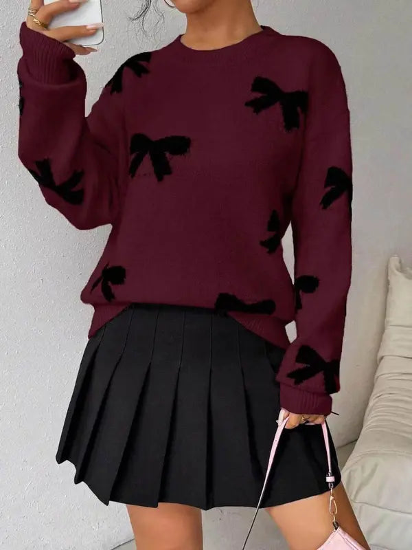 Fashion Bow Print Casual Basic Loose Knitted Sweater Pullover Autumn/Winter Women Pullovers New O-Neck Full Sleeve Knit Sweater