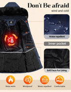 Women's Long Coats Winter Fleece Lined Warm Long Jackets for Women, Water Repellent Windproof Parka Coat Zip Up Button Drawstring Waist Overcoat with Pockets and Detachable Hood