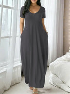 Women's Long Nightgown, Coffee Leopard Print, Casual Round Neck Long Sleeve Pocket Sleepwear, Soft Comfortable All-Season Loungewear