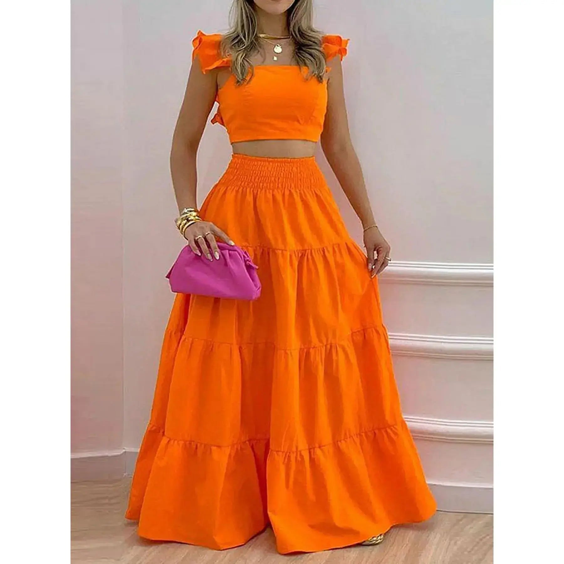 Women's Solid Color / Floral Print Shirred Top & Long Skirt Two-piece Set, Boho Fashion Casual Top & Skirt for Daily Holiday Vacation Wear, Ladies for Summer