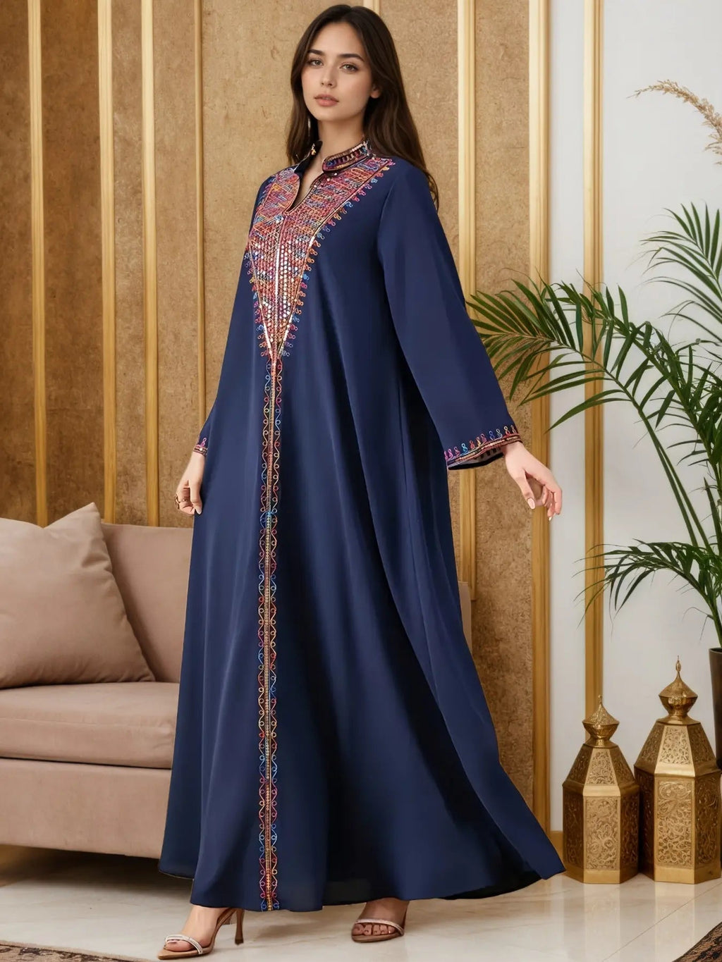 Elegant Muslim Women's Long Robe with Colorful Embroidery, Perfect for All Seasons, Stylish and Comfortable Clothing, Muslim Women Gowns