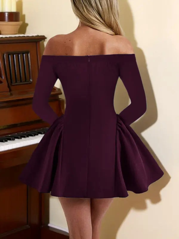 Women's Plain Off Shoulder Dress, Elegant Long Sleeve A Line Dress for Party Holiday Wedding Guest, Ladies Spring & Fall Clothes