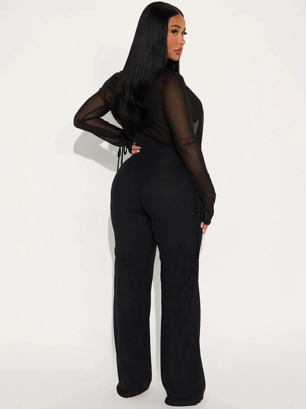 Women's Deep V Neck Blouse Set, Long Sleeve Crop Top & High Waisted Pants, Sexy Plain Design, Fall Winter Fashion
