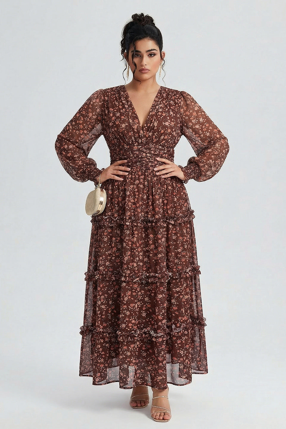 Curveins Plus Size V Neck Long Sleeve Floral Tiered Maxi Dress