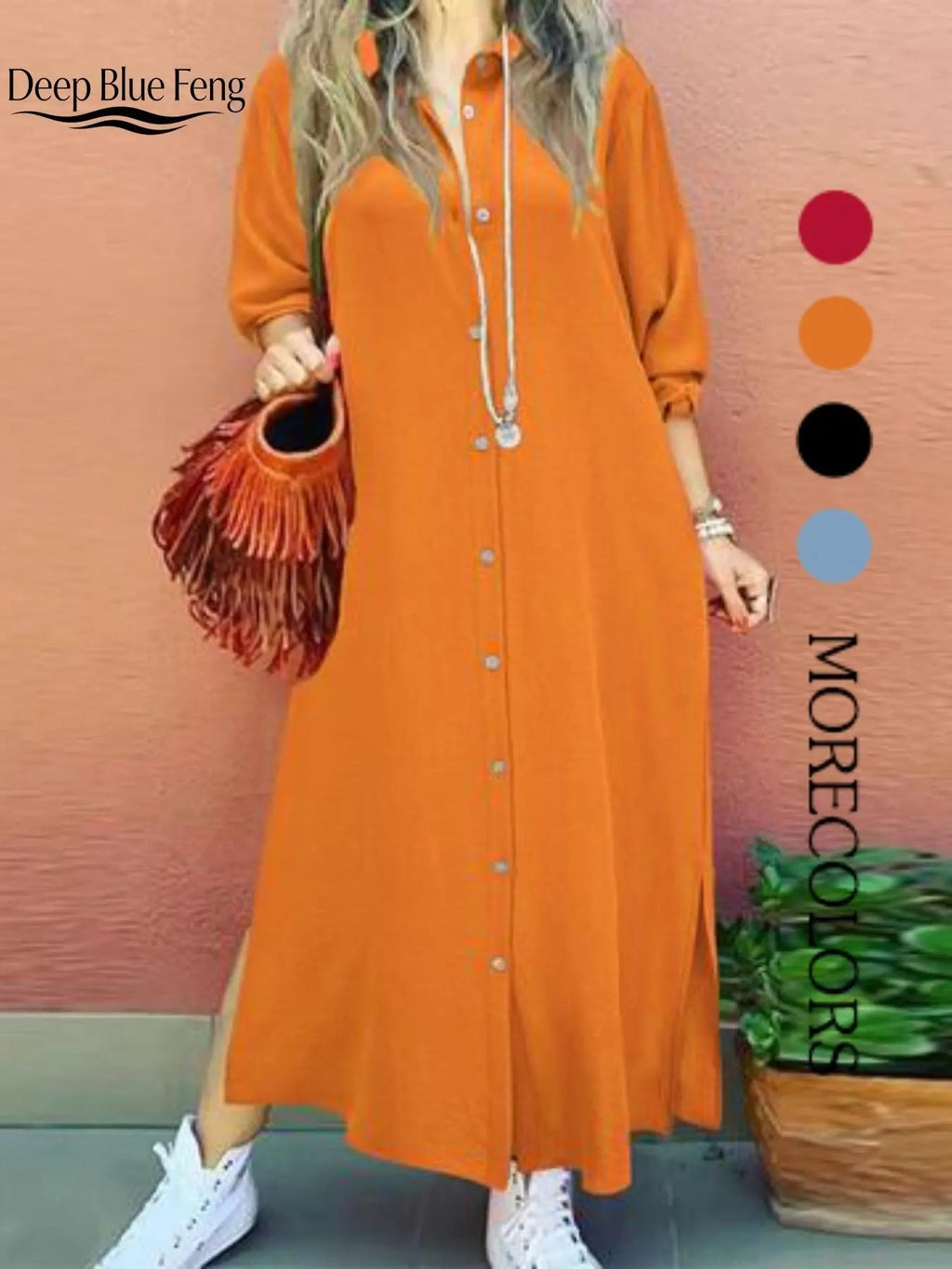 Women's Plain Button Shirt Collar Long Sleeve Dress, Collared Casual Fashion Long Dress for Daily Outdoor Wear, Women's Dress for Spring