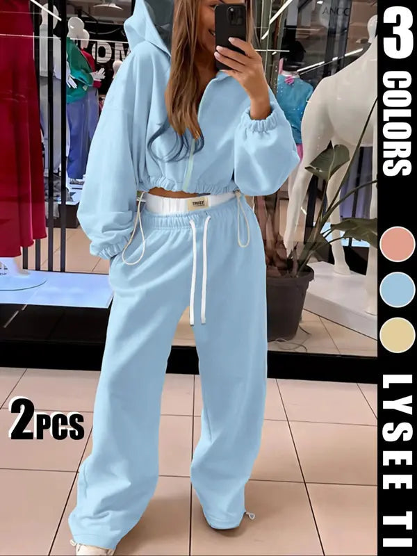 Women's Fashion Solid Color Casual Sports Style Drawstring Waist Hoodie Loose Set