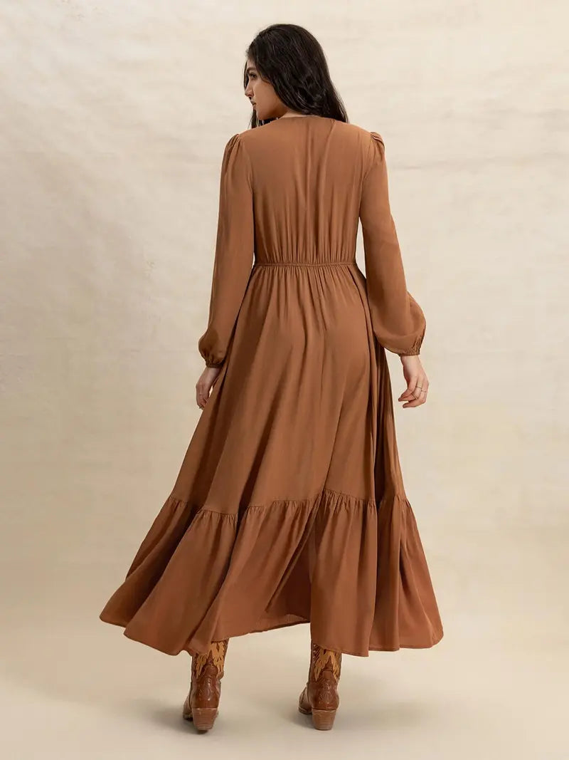 Women's Plain V Neck Long Sleeve Dress, Casual Fitted Woven Dress for All Seasons, Daily Wear Fashionable Women's Clothing