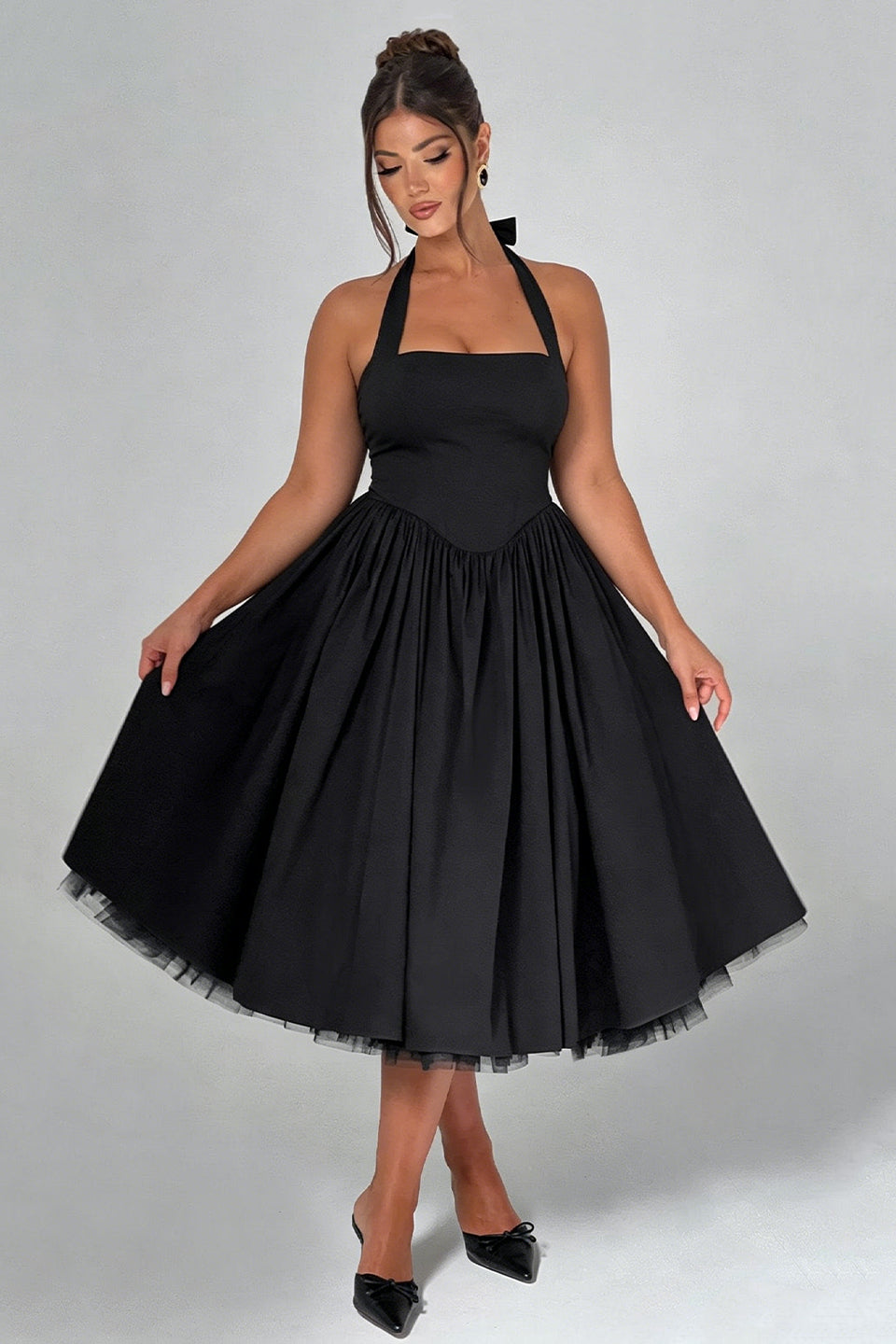 Curveins Plus Size Halter Neck Spaghetti Strap Sleeveless Puff Skirt Midi Dress