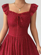 1 Piece Spring & Summer Ruffled Square Neck Polka Dot Maxi Dress