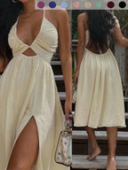 Summer New Sexy Wrap Top V-Neck Dress, Loose Beach Style Split Skirt, Women's Fashionable Long Dress, Perfect for Vacation