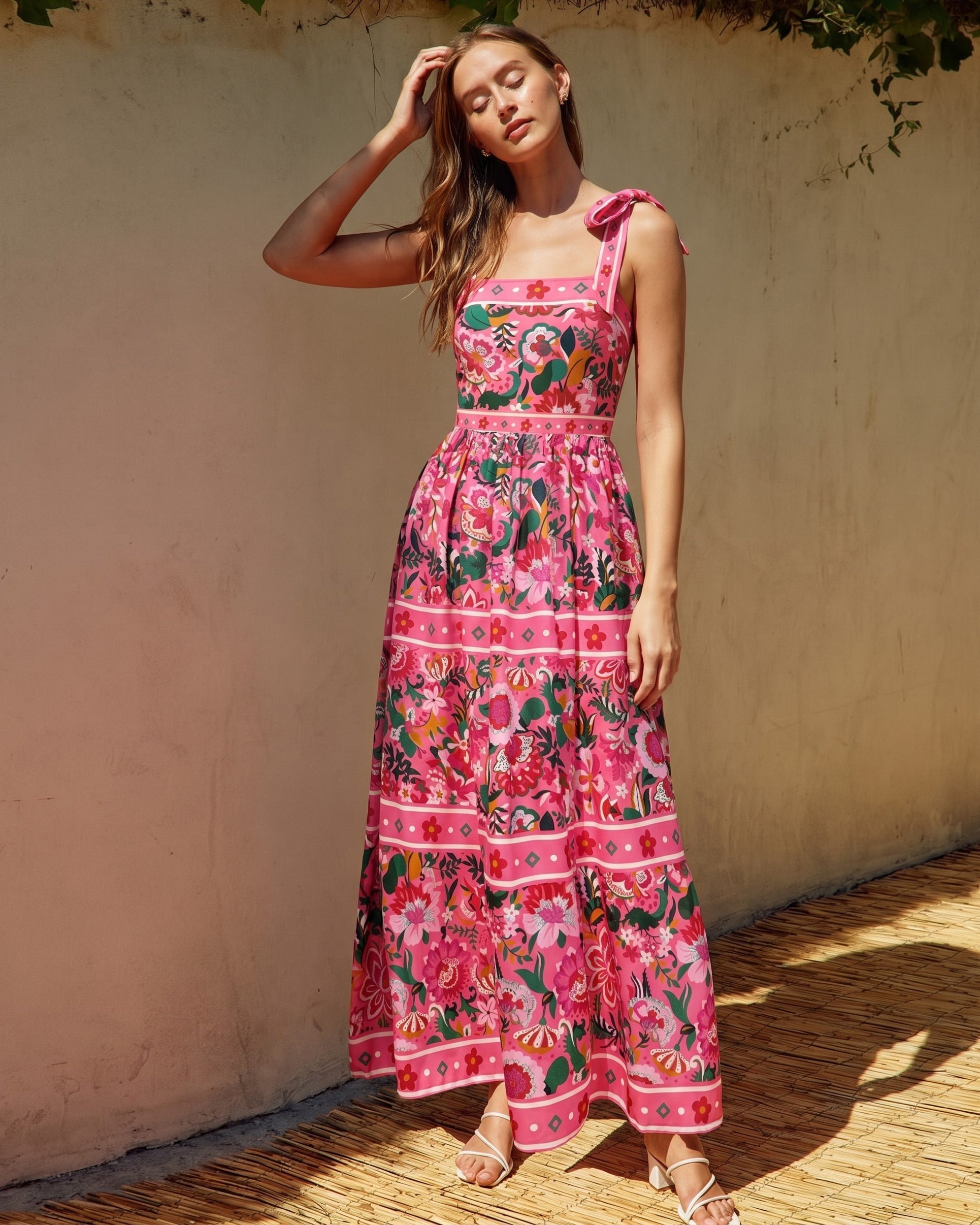 Pink Floral Paradise Print One Piece Swimsuit and Skirt