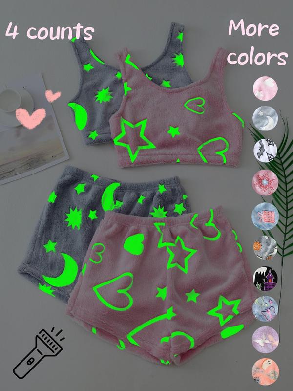 4 Counts/2 Set Women's Halloween Print Glow in The Dark Crop Tank Top & Elastic Waist Shorts Fluffy Pajamas, Casual Comfortable Loungewear for Women, Comfy Loungewear for Women, Women's Sleepwear for Fall, Fluffy Pajamas