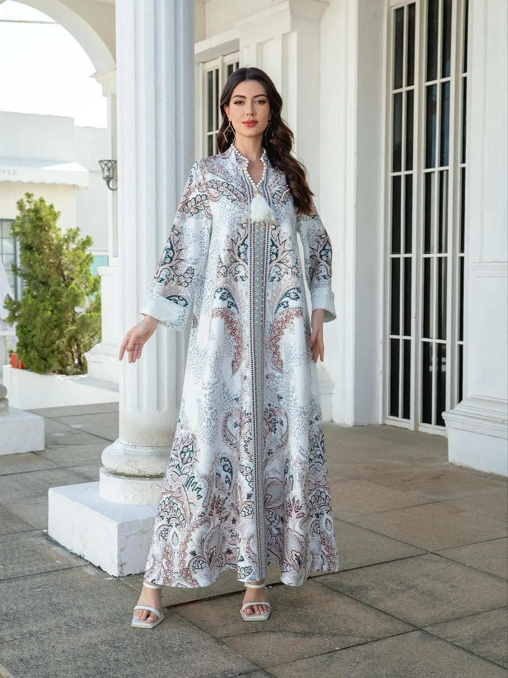 Women's V Neck Long Dress, All-Season Loose Fit A-Line Jalabiya, Soft 75D Stretch Fabric, Elegant Arabic Clothing