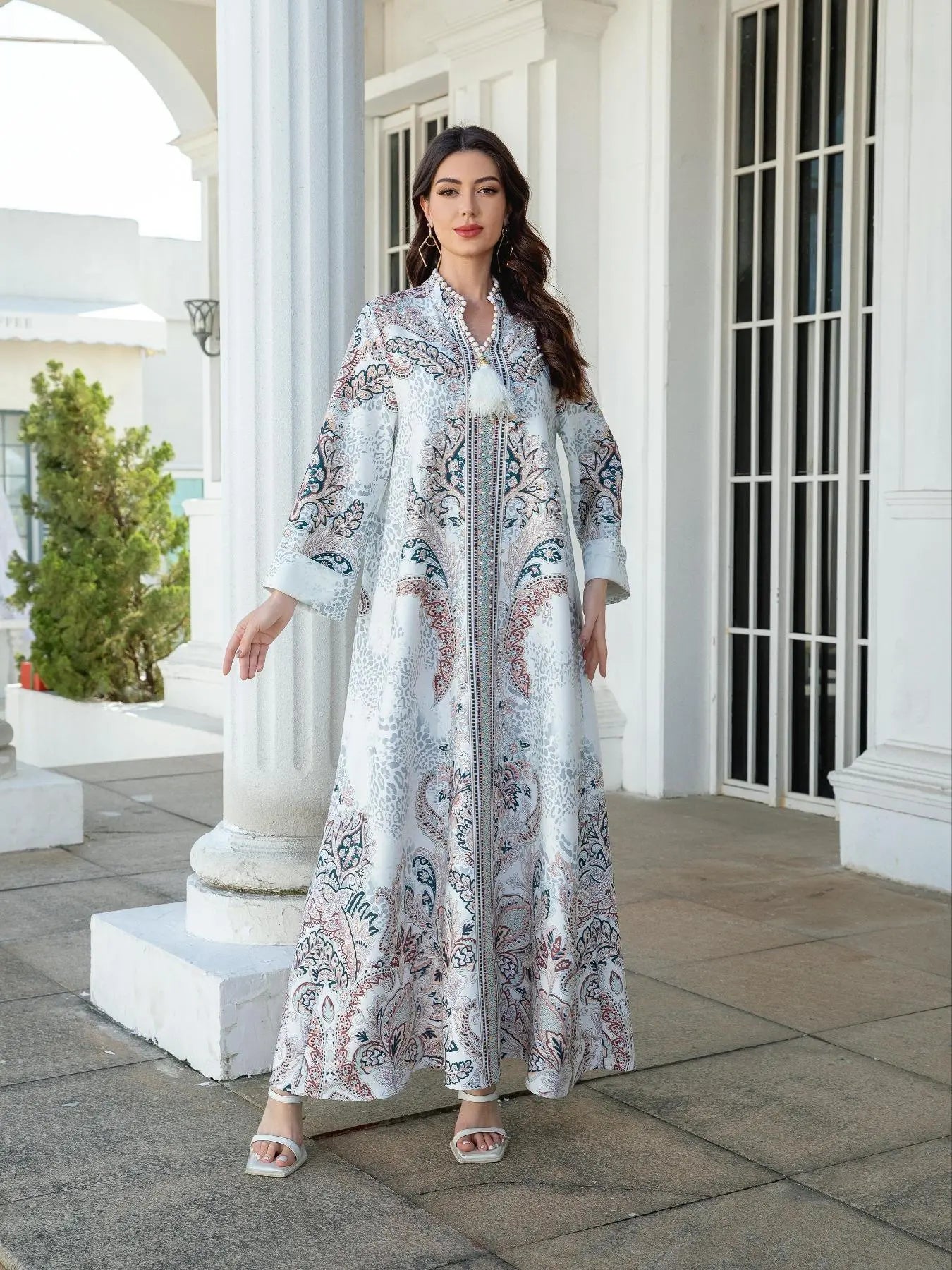 Women's V Neck Long Dress, All-Season Loose Fit A-Line Jalabiya, Soft 75D Stretch Fabric, Elegant Arabic Clothing
