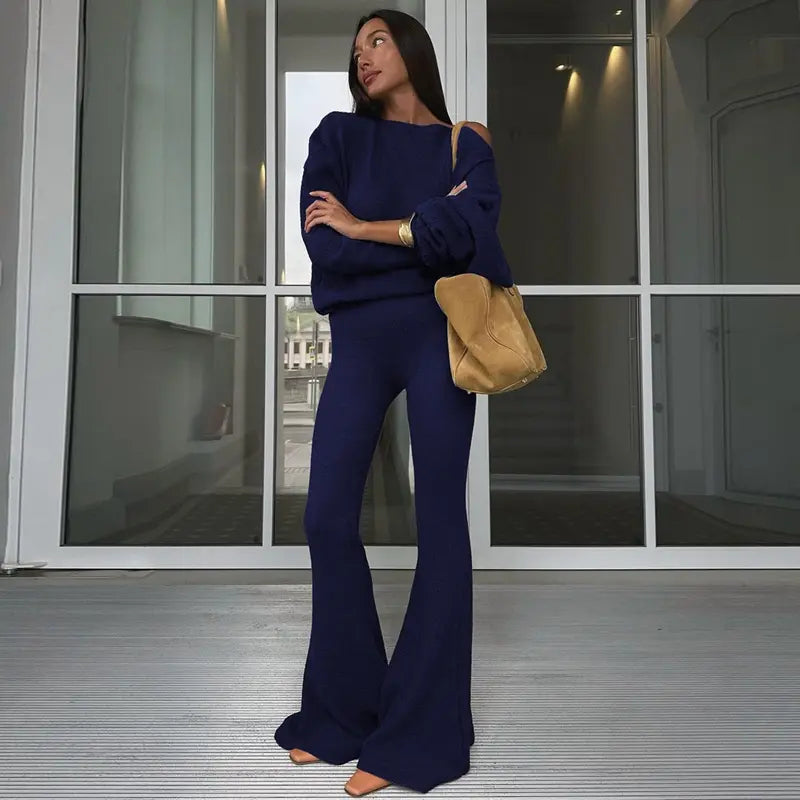 Women's Solid Asymmetrical Neck Top & Flare Leg Pants Set, Casual Drop Shoulder Long Sleeve Top & Trousers, Women's Fall & Winter Clothes for Daily Wear