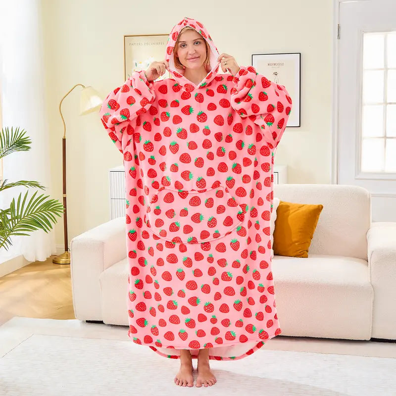 Wearable Blanket Hoodie Oversized Sherpa Fleece Hooded Sweatshirt Blanket with Sleeves,Cozy and Giant Blanket Hoodie Extra Long for Adults Women Winter Gift (Strawberry)
