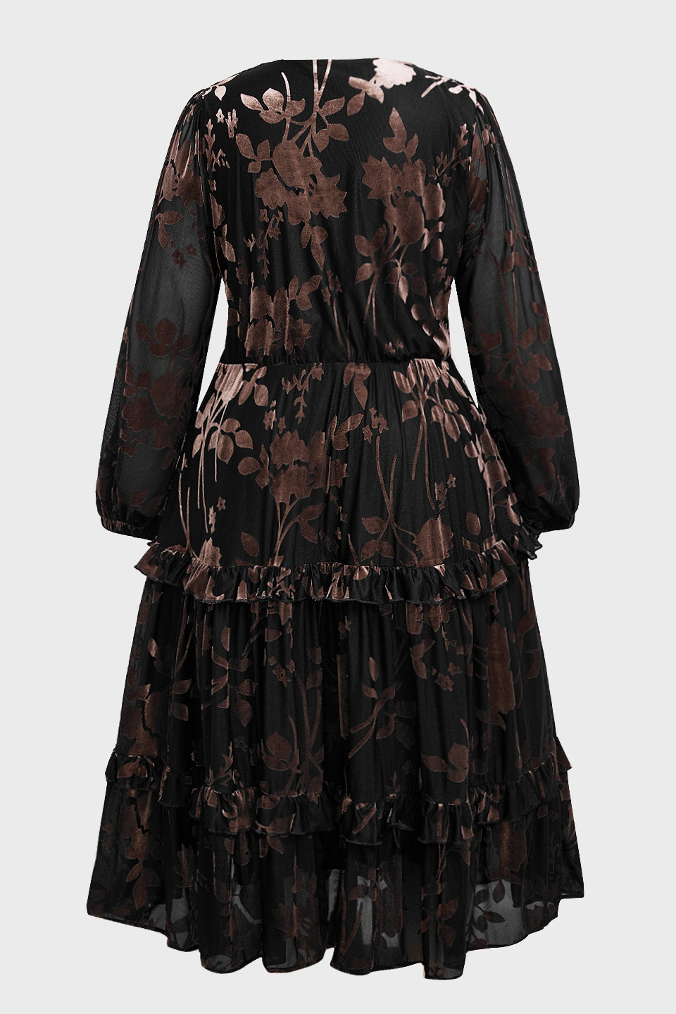Curveins Plus Size Velvet V-Neck Lantern Sleeve Tiered Midi Dress