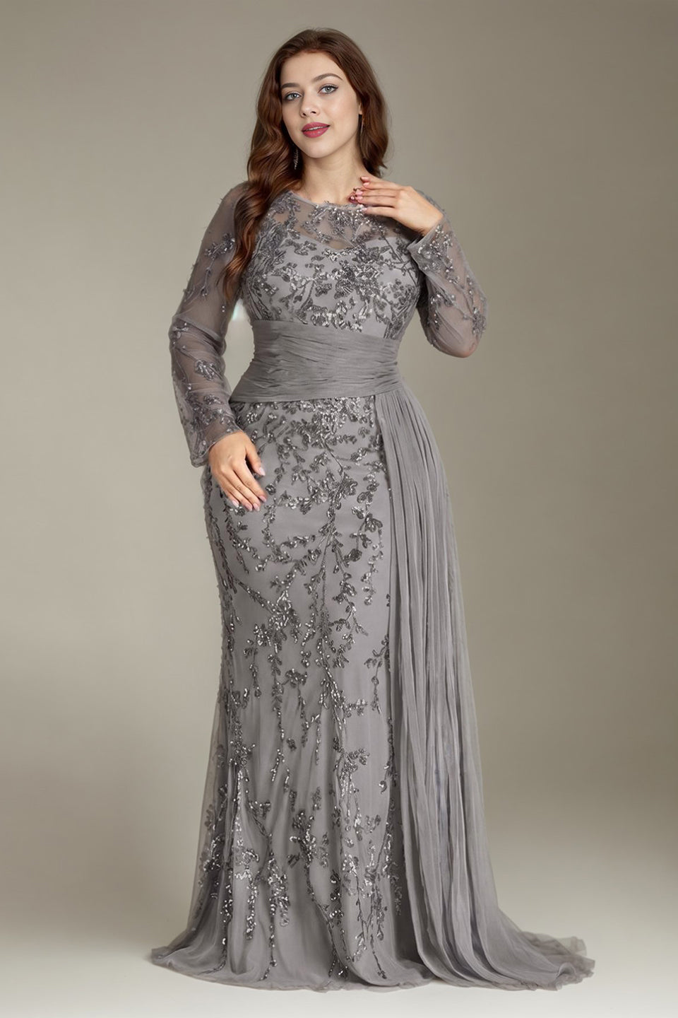 Curveins Plus Size Round Neck Embroidered Tie-Sash Bodycon Maxi Dress