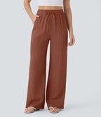 Casual High-Waisted Linen Trousers with Drawstring and Wide Pockets
