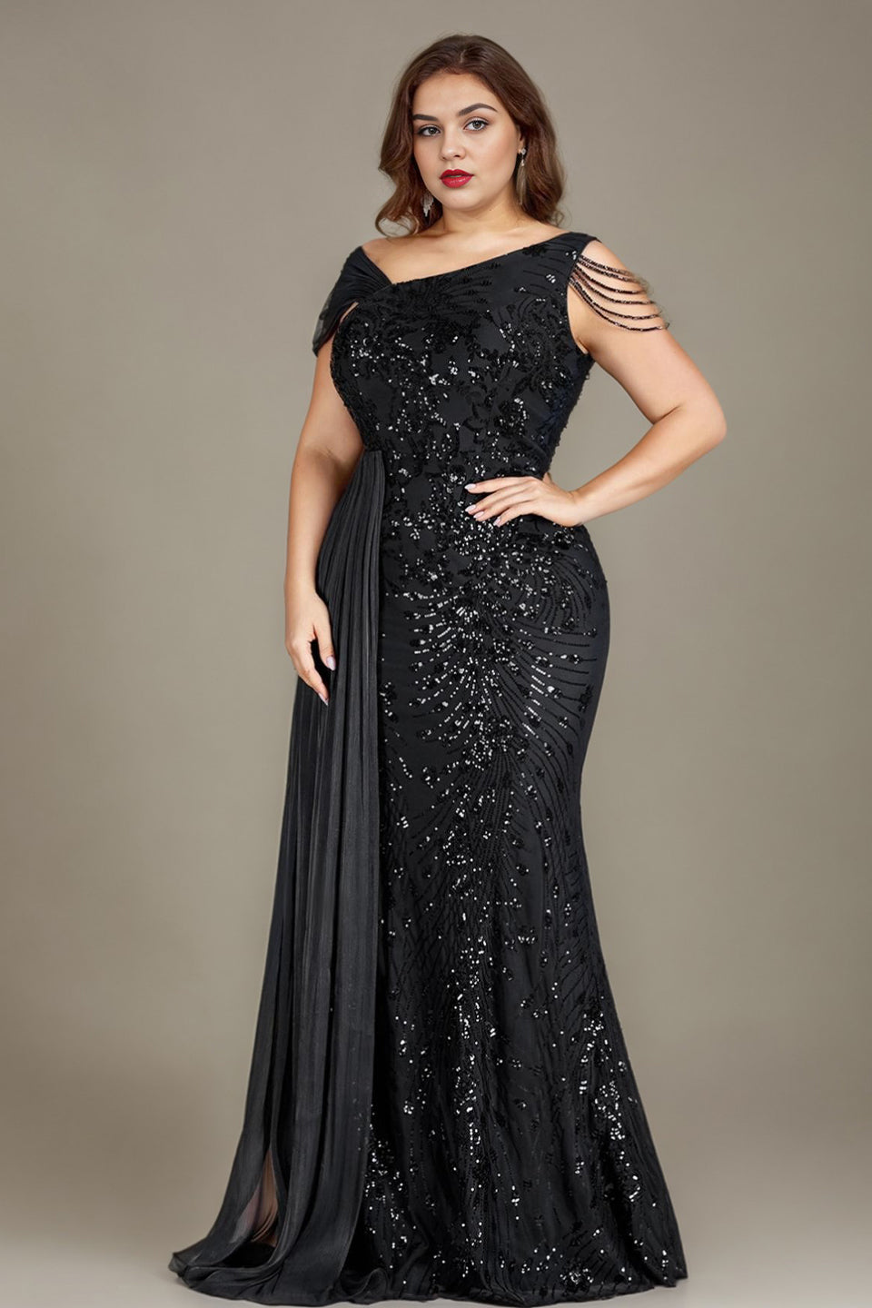 Curveins Plus Size One Shoulder Sleeveless Beaded Ribbon Elegant Maxi Dress