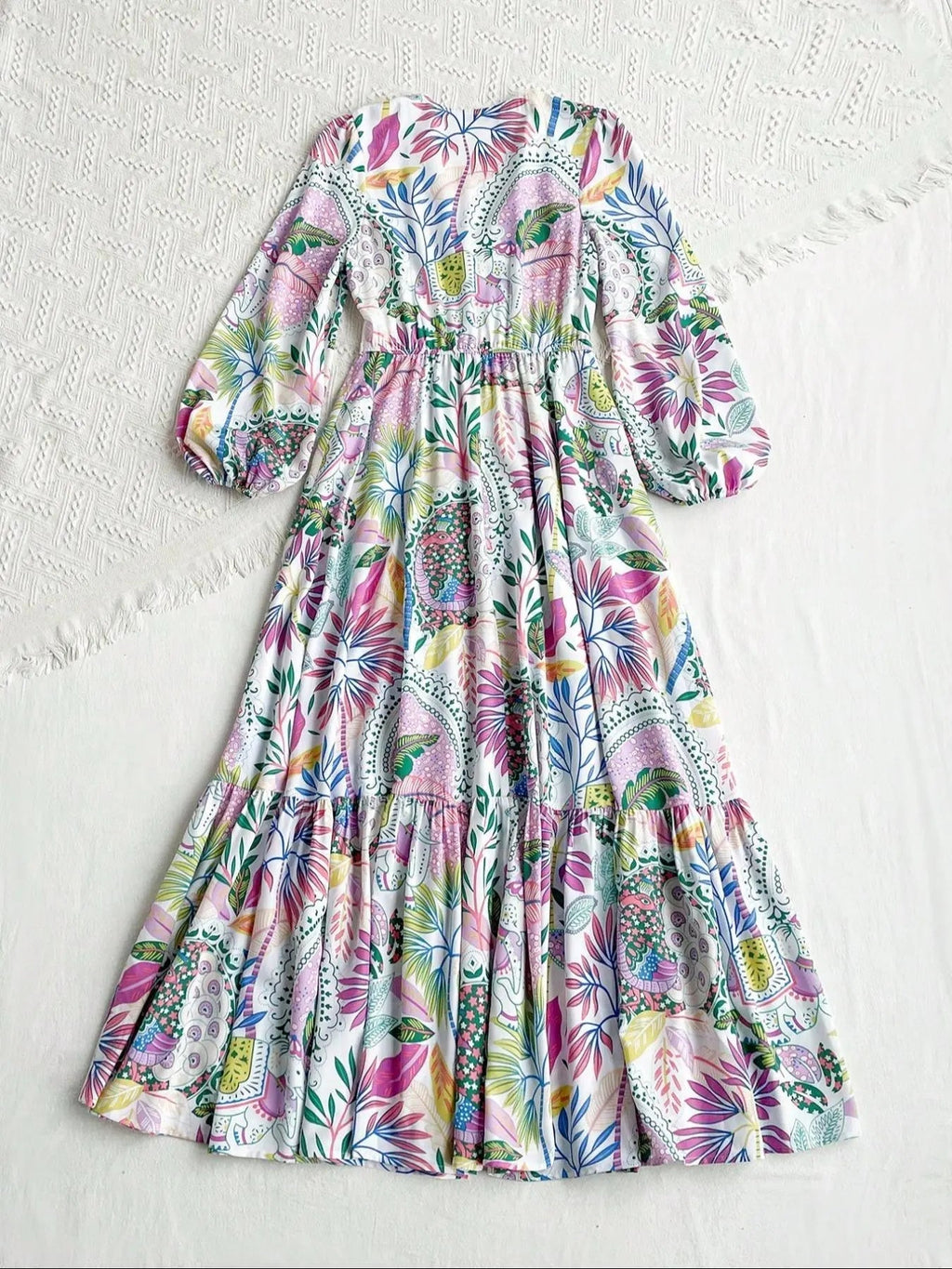 Women's Leaf Print Contrast Lace Button Front Split Thigh Dress, Elegant Bishop Sleeve V Neck Ruffle Hem Long Dress for Holiday Vacation, Ladies Fall & Winter Clothes