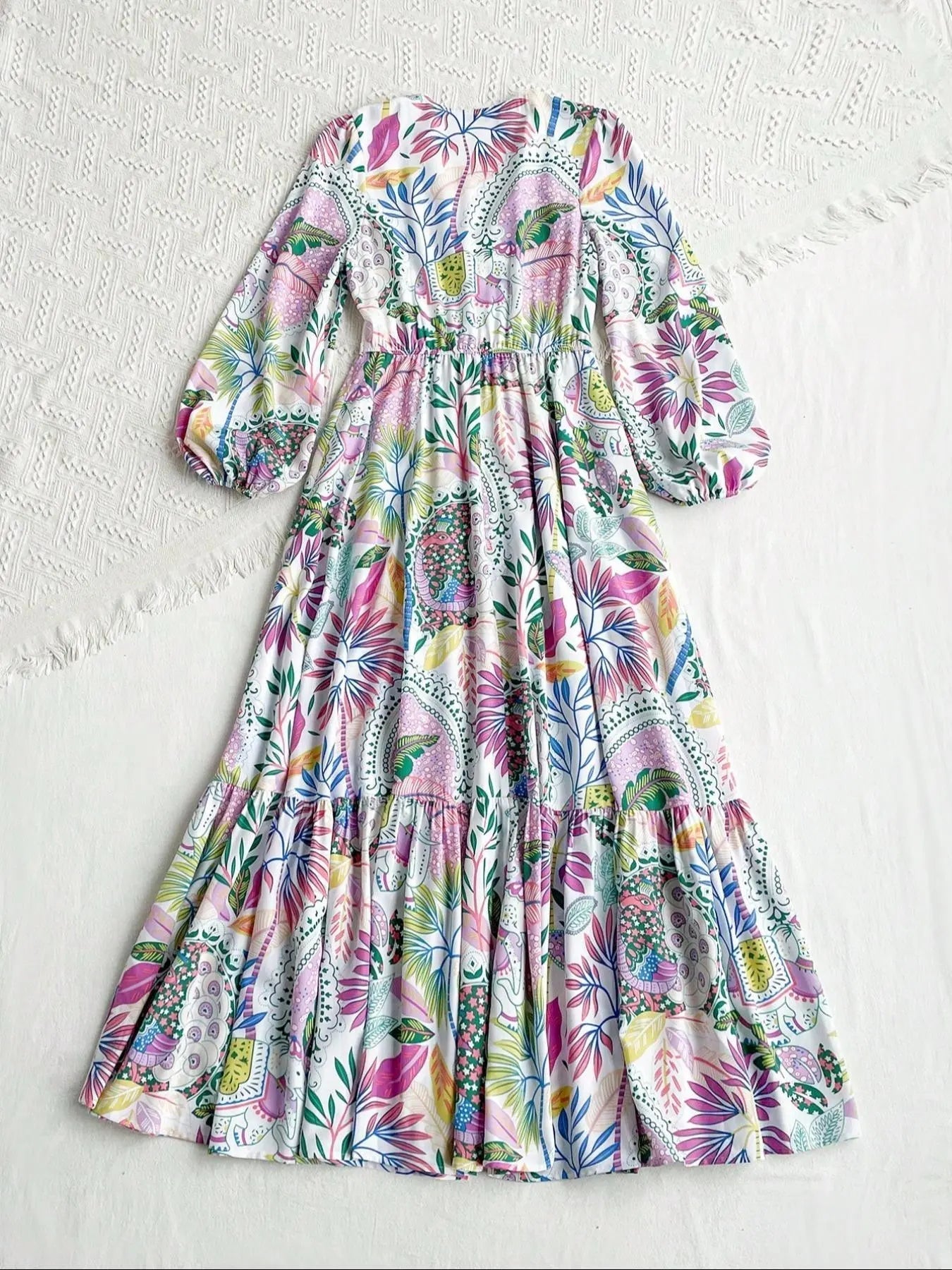 Women's Leaf Print Contrast Lace Button Front Split Thigh Dress, Elegant Bishop Sleeve V Neck Ruffle Hem Long Dress for Holiday Vacation, Ladies Fall & Winter Clothes