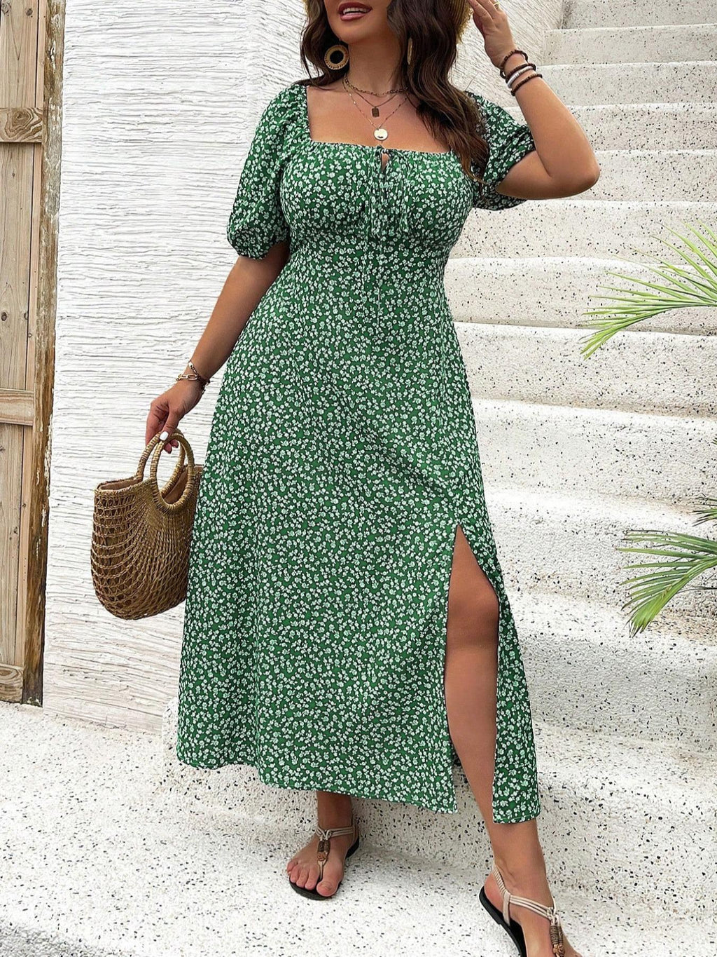 [Plus Size] Ditsy Floral / All Over Print Split Thigh Dress, Casual Boho Bohemian Puff Sleeve Tie Front Dress, Women Plus Clothing Womenswear for Summer Daily Wear