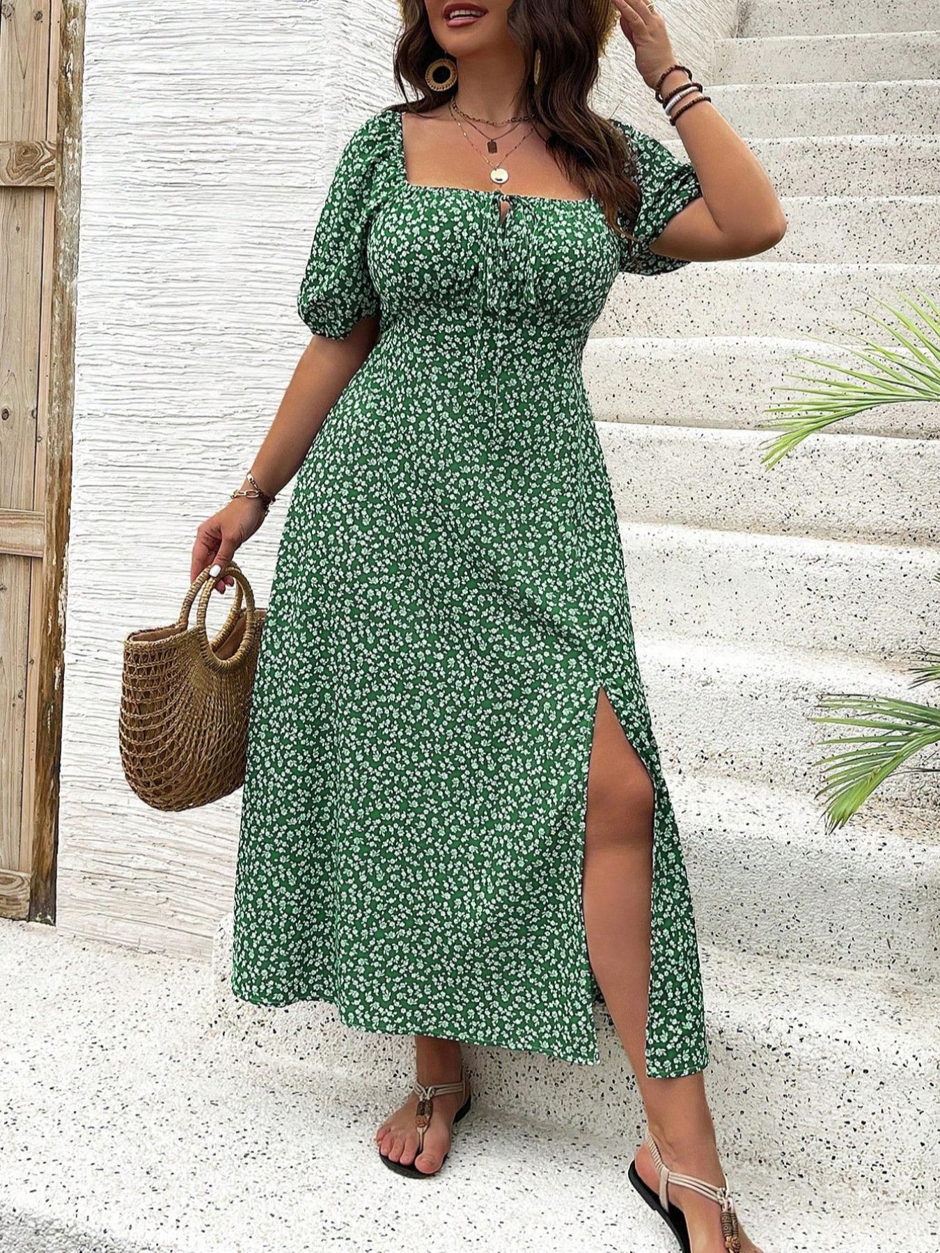 [Plus Size] Ditsy Floral / All Over Print Split Thigh Dress, Casual Boho Bohemian Puff Sleeve Tie Front Dress, Women Plus Clothing Womenswear for Summer Daily Wear