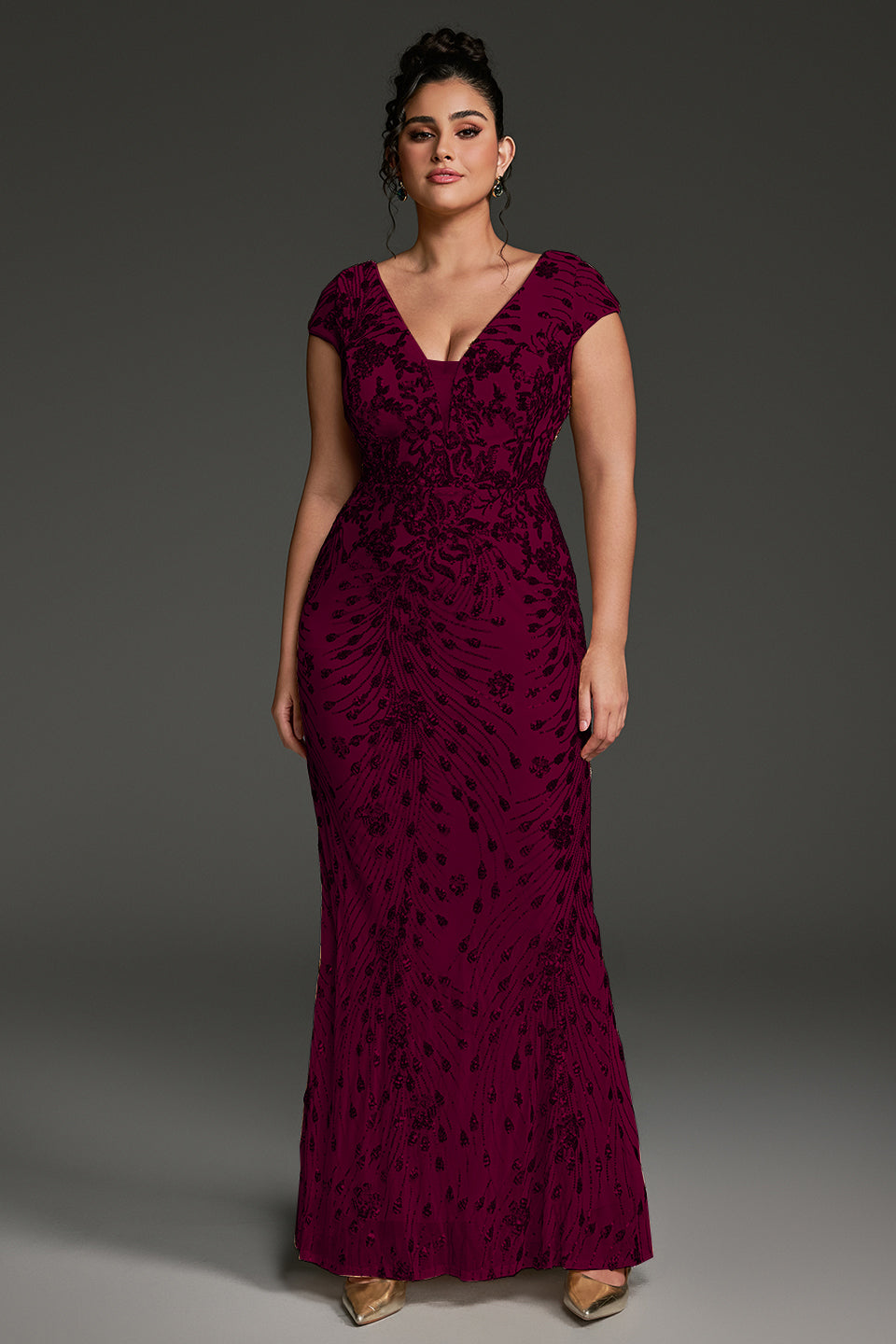 Curveins Plus Size V-neck and Waist Cinch Sequin Maxi Dress