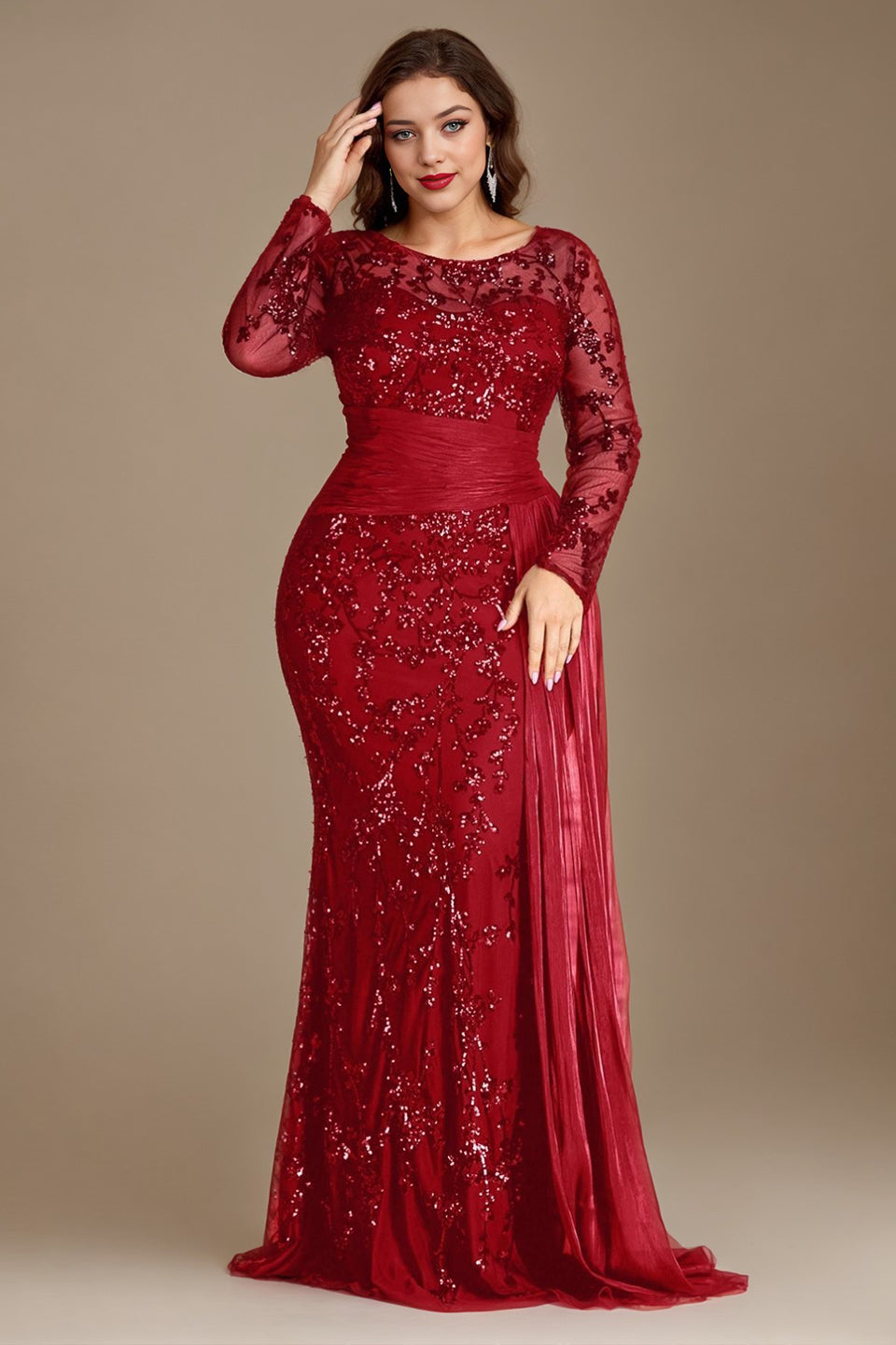 Curveins Plus Size Round Neck Embroidered Tie-Sash Bodycon Maxi Dress