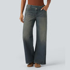 Asymmetric Low Rise Zipper Pockets Baggy Wide Leg Washed Casual Jeans