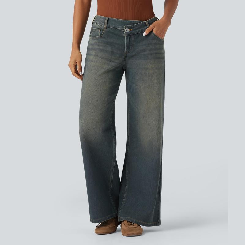 Asymmetric Low Rise Zipper Pockets Baggy Wide Leg Washed Casual Jeans