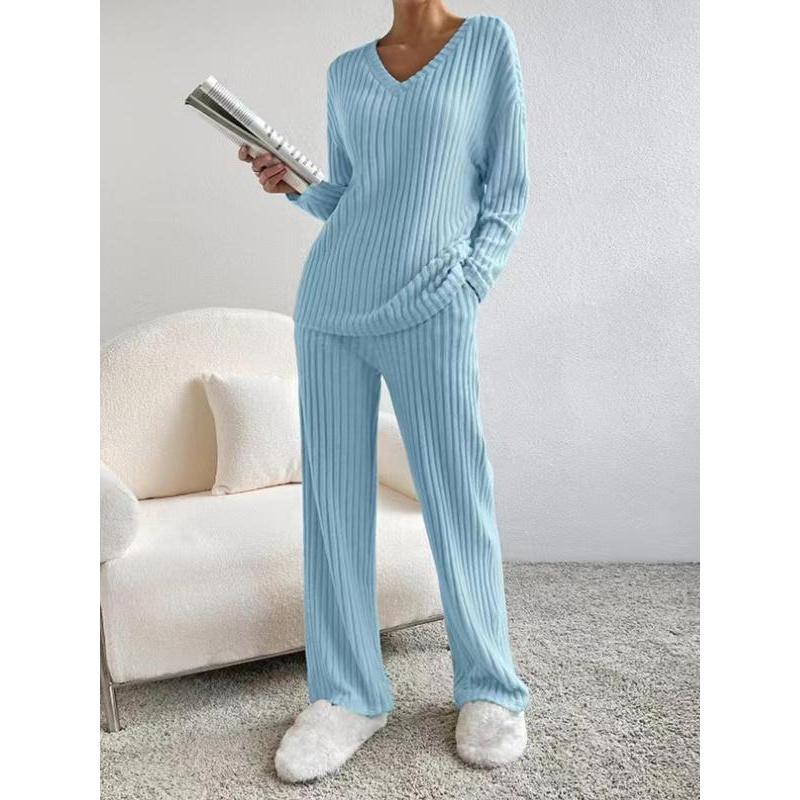 Women's Solid Drop Shoulder Pocket Lounge Set, Casual Long Sleeve V Neck Top & Straight Leg Pants Two-piece Set, Women's Sleepwear