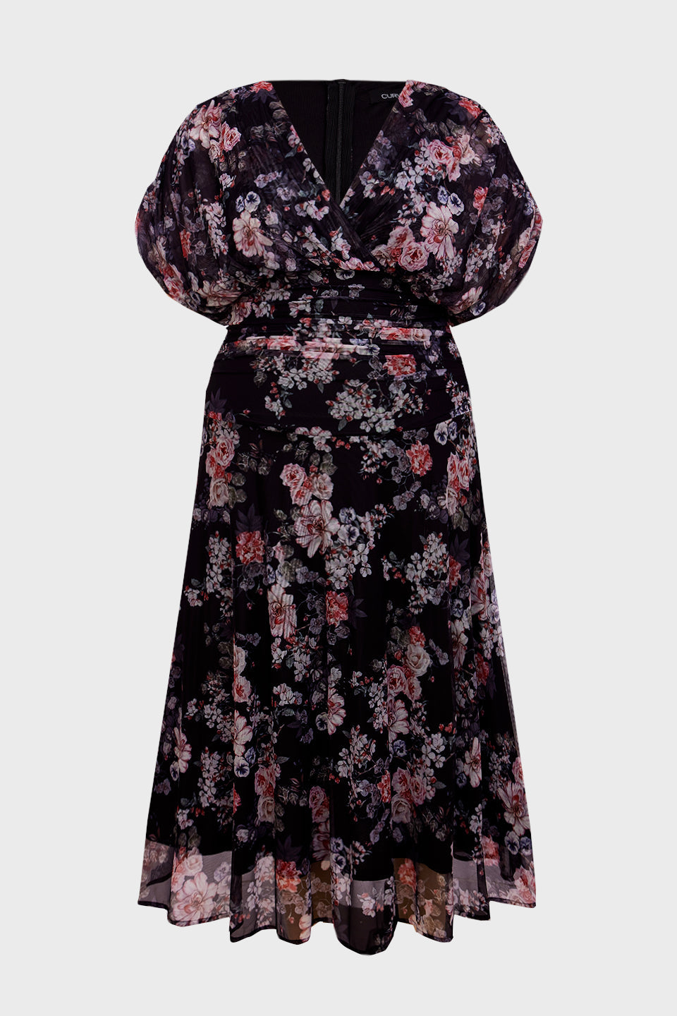 Curveins Plus Size V Neck Puff Sleeve Waist Defining Floral Print Elegant Maxi Dress