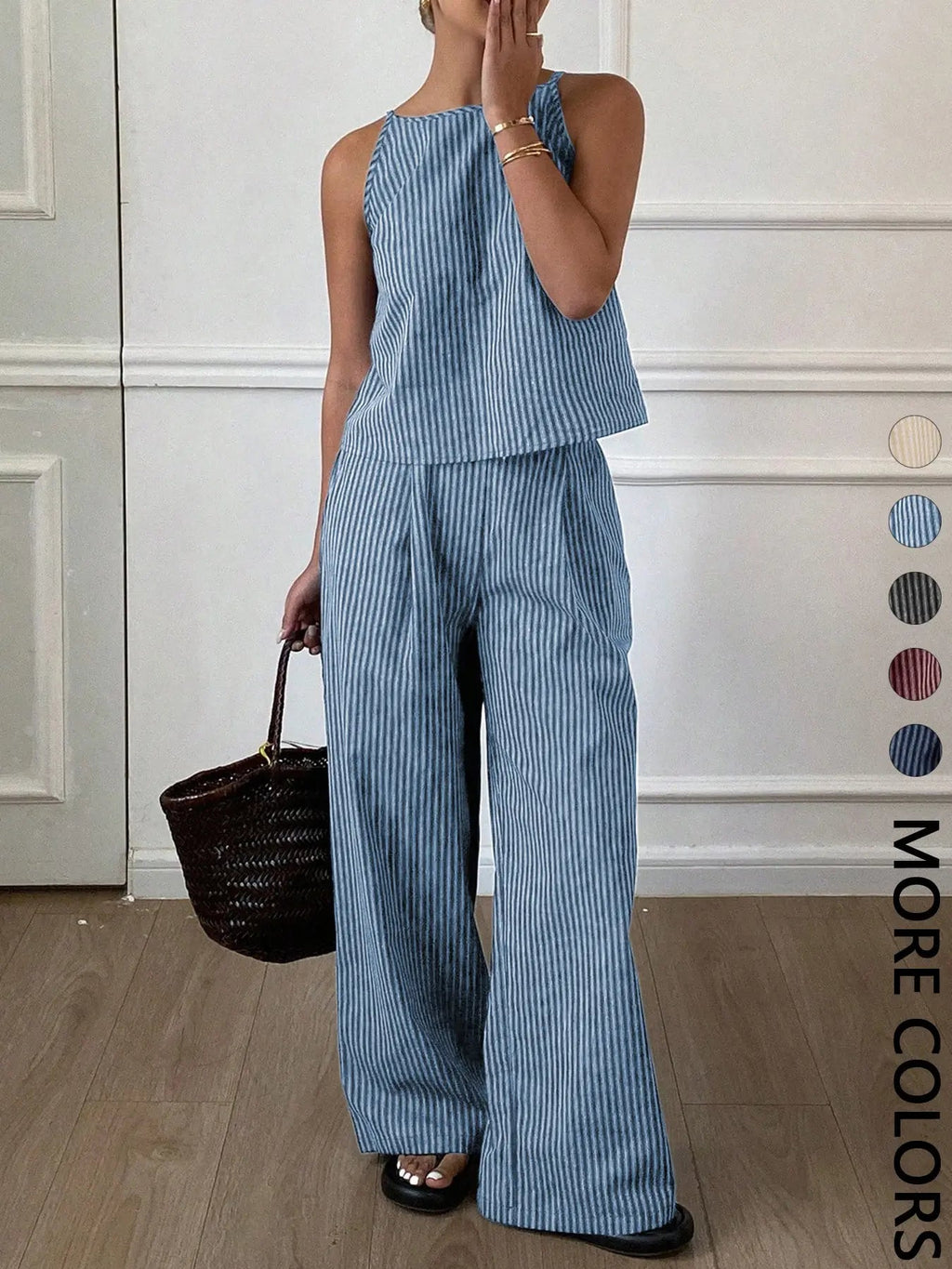 Two-Piece Women's Casual Summer Striped Lightweight Spaghetti Strap Sleeveless Top & Loose Long Pants Outfit Set, Comfortable Stylish Set