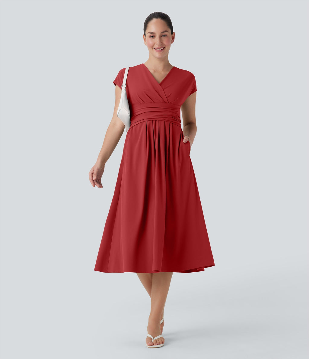 Casual midi dress, V-neck, short sleeves, side pockets, tie-back detail, quick-drying