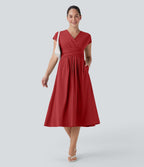 Casual midi dress, V-neck, short sleeves, side pockets, tie-back detail, quick-drying