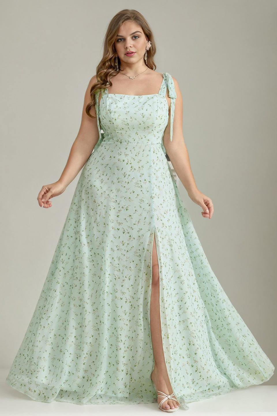 Curveins Plus Size Square Neck Spaghetti Strap Floral Embellishment High Slit Maxi Dress