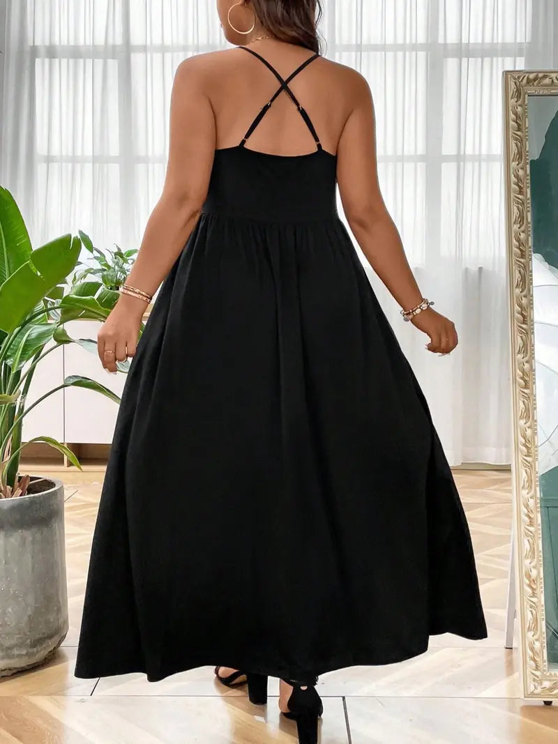 Plus Size Criss Cross Backless Cami Dress, Casual Solid Sleeveless Spaghetti Strap A-Line Dress for Summer, Women's Clothes for Party Holiday