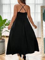 Plus Size Criss Cross Backless Cami Dress, Casual Solid Sleeveless Spaghetti Strap A-Line Dress for Summer, Women's Clothes for Party Holiday