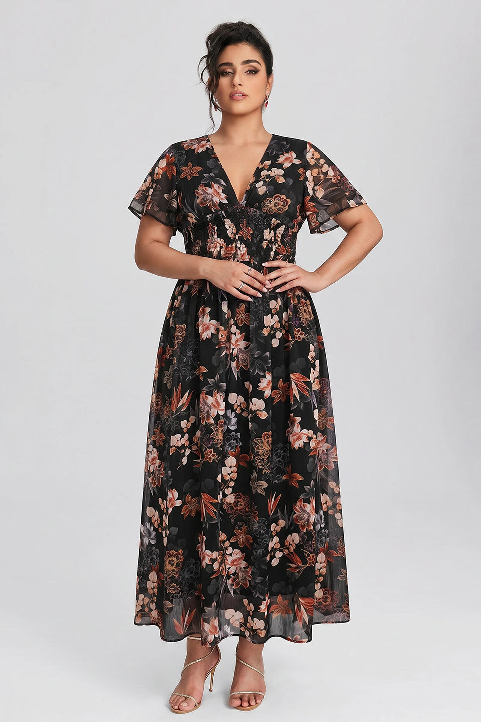 Curveins Plus Size V Neck Batwing Sleeve Floral Print Flowing Maxi Dress