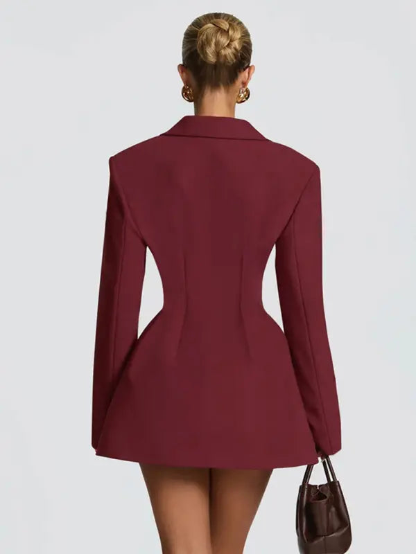 Women's Elegant Business Suit Dress, Deep V Neck Long Sleeve Ruffle Waist Cinched, Spring & Fall Office Wear, Plain Style