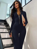 Women's Solid Zip Up Thumb Hole Design Bodysuit, Casual Long Sleeve Stand Collar Bodycon Bodysuit for Fall & Winter, Valentine's Day Gift for Girl, Women's Clothes for Daily Wear